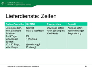 Lieferdienste: Zeiten Online-Fernleihe SUBITO Pay-per-view PaperC Unterschiedlich, nicht garantiert Aufsätze:  3 – 5 Tage,  teilw. länger Bücher:  10 – 30 Tage, teilw. länger Normal: Max. 3 Werktage Eilt: 1 Werktag (jeweils + ggf. Postweg) Download sofort nach Zahlung mit Kreditkarte Anzeige sofort nach einmaliger Registrierung 