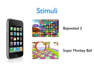 Stimuli

              Bejeweled 2
          !




              Super Monkey Ball
          !
 