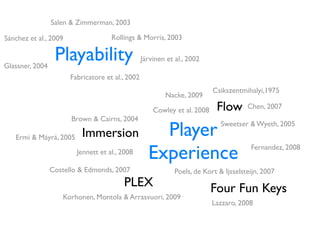 Salen & Zimmerman, 2003

Sánchez et al., 2009                 Rollings & Morris, 2003


Glassner, 2004
                  Playability                     Järvinen et al., 2002

                       Fabricatore et al., 2002
                                                                           Csikszentmihalyi,1975
                                                          Nacke, 2009

                                                      Cowley et al. 2008    Flow       Chen, 2007
                       Brown & Cairns, 2004

   Ermi & Mäyrä, 2005      Immersion                  Player                  Sweetser & Wyeth, 2005


                         Jennett et al., 2008
                                                    Experience                          Fernandez, 2008


                 Costello & Edmonds, 2007                     Poels, de Kort & Ijsselsteijn, 2007
                                         PLEX                              Four Fun Keys
                     Korhonen, Montola & Arrasvuori, 2009
                                                                           Lazzaro, 2008
 