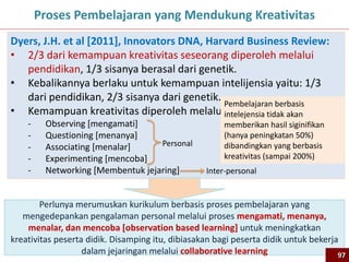 97
Proses Pembelajaran yang Mendukung Kreativitas
Dyers, J.H. et al [2011], Innovators DNA, Harvard Business Review:
• 2/3 dari kemampuan kreativitas seseorang diperoleh melalui
pendidikan, 1/3 sisanya berasal dari genetik.
• Kebalikannya berlaku untuk kemampuan intelijensia yaitu: 1/3
dari pendidikan, 2/3 sisanya dari genetik.
• Kemampuan kreativitas diperoleh melalui:
- Observing [mengamati]
- Questioning [menanya]
- Associating [menalar]
- Experimenting [mencoba]
- Networking [Membentuk jejaring]
Personal
Inter-personal
Perlunya merumuskan kurikulum berbasis proses pembelajaran yang
mengedepankan pengalaman personal melalui proses mengamati, menanya,
menalar, dan mencoba [observation based learning] untuk meningkatkan
kreativitas peserta didik. Disamping itu, dibiasakan bagi peserta didik untuk bekerja
dalam jejaringan melalui collaborative learning 97
Pembelajaran berbasis
intelejensia tidak akan
memberikan hasil siginifikan
(hanya peningkatan 50%)
dibandingkan yang berbasis
kreativitas (sampai 200%)
 