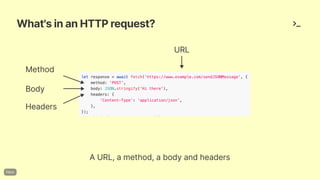 What'sinanHTTPrequest?
URL
Method
Body
Headers
AURL,amethod,abodyandheaders