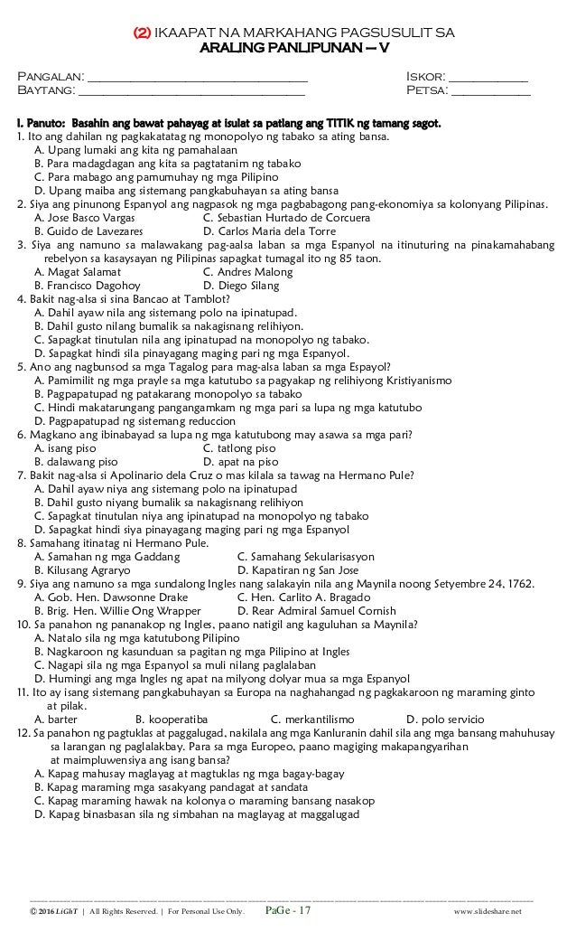 ikaapat na markahang pagsusulit sa araling panlipunan grade 7