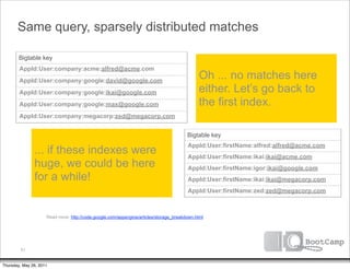 Same query, sparsely distributed matches

        Bigtable key
        AppId:User:company:acme:alfred@acme.com
        AppId:User:company:google:david@google.com
                                                                                             Oh ... no matches here
        AppId:User:company:google:ikai@google.com                                            either. Let’s go back to
        AppId:User:company:google:max@google.com                                             the first index.
        AppId:User:company:megacorp:zed@megacorp.com


                                                                                        Bigtable key
                                                                                        AppId:User:firstName:alfred:alfred@acme.com
               ... if these indexes were                                                AppId:User:firstName:ikai:ikai@acme.com
               huge, we could be here                                                   AppId:User:firstName:igor:ikai@google.com
               for a while!                                                             AppId:User:firstName:ikai:ikai@megacorp.com
                                                                                        AppId:User:firstName:zed:zed@megacorp.com



                     Read more: http://code.google.com/appengine/articles/storage_breakdown.html




         51


Thursday, May 26, 2011
 