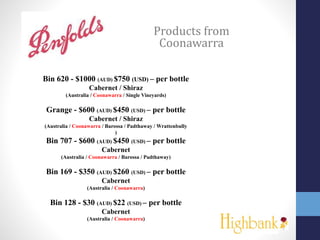 Products from
Coonawarra
Bin 620 - $1000 (AUD) $750 (USD) – per bottle
Cabernet / Shiraz
(Australia / Coonawarra / Single Vineyards)
Grange - $600 (AUD) $450 (USD) – per bottle
Cabernet / Shiraz
(Australia / Coonawarra / Barossa / Padthaway / Wrattenbully
)
Bin 707 - $600 (AUD) $450 (USD) – per bottle
Cabernet
(Australia / Coonawarra / Barossa / Padthaway)
Bin 169 - $350 (AUD) $260 (USD) – per bottle
Cabernet
(Australia / Coonawarra)
Bin 128 - $30 (AUD) $22 (USD) – per bottle
Cabernet
(Australia / Coonawarra)
 