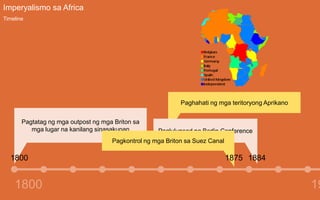 Imperyalismo sa Africa
Timeline
1800 19
Pagtatag ng mga outpost ng mga Briton sa
mga lugar na kanilang sinasakupan Paglulu...
