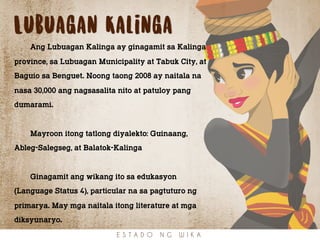 Lubuagan Kalinga
E S T A D O N G W I K A
Ang Lubuagan Kalinga ay ginagamit sa Kalinga
province, sa Lubuagan Municipality at Tabuk City, at
Baguio sa Benguet. Noong taong 2008 ay naitala na
nasa 30,000 ang nagsasalita nito at patuloy pang
dumarami.
Mayroon itong tatlong diyalekto: Guinaang,
Ableg-Salegseg, at Balatok-Kalinga
Ginagamit ang wikang ito sa edukasyon
(Language Status 4), particular na sa pagtuturo ng
primarya. May mga naitala itong literature at mga
diksyunaryo.
 