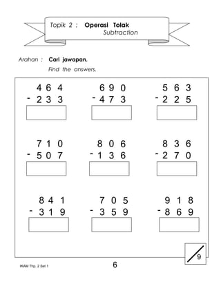 Topik 2 :   Operasi Tolak
                                     Subtraction



Arahan :            Cari jawapan.
                    Find the answers.


      4 6 4                           6 9 0          5 6 3
    - 2 3 3                         - 4 7 3        - 2 2 5




      7 1 0                           8 0 6          8 3 6
    - 5 0 7                         - 1 3 6        - 2 7 0




       8 4 1                          7 0 5          9 1 8
     - 3 1 9                        - 3 5 9        - 8 6 9



                                                             9
IKAM Thp. 2 Set 1                       6
 