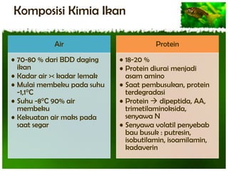 Komposisi Kimia Ikan
Air
• 70-80 % dari BDD daging
ikan
• Kadar air >< kadar lemak
• Mulai membeku pada suhu
-1,1°C
• Suhu -8°C 90% air
membeku
• Kekuatan air maks pada
saat segar

Protein
• 18-20 %
• Protein diurai menjadi
asam amino
• Saat pembusukan, protein
terdegradasi
• Protein  dipeptida, AA,
trimetilaminoksida,
senyawa N
• Senyawa volatil penyebab
bau busuk : putresin,
isobutilamin, isoamilamin,
kadaverin

 
