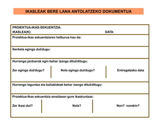 IKASLEAK BERE LANA ANTOLATZEKO DOKUMENTUA
PROIEKTUA-IKAS-SEKUENTZIA:
IKASLEA(K): DATA:
Proiektua-ikas sekuentziaren helburua hau da:
Ikerketa egingo dut/dugu:
Hurrengo jarduerak egin behar izango ditut/ditugu:
Zer egingo dut/dugu? Nola egingo dut/dugu? Entregatzeko data
Hurrengo laguntza eta baliabideak behar izango ditut/ditugu:
Proiektua-Ikas sekuentzia amaitzean gure ikaskuntzaz:
Zer ikasi dut? Nola? Non? norekin?
 