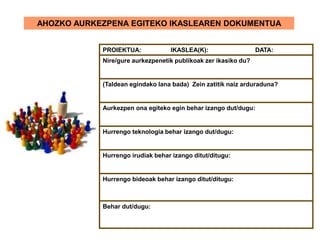 AHOZKO AURKEZPENA EGITEKO IKASLEAREN DOKUMENTUA
PROIEKTUA: IKASLEA(K): DATA:
Nire/gure aurkezpenetik publikoak zer ikasiko du?
(Taldean egindako lana bada) Zein zatitik naiz arduraduna?
Aurkezpen ona egiteko egin behar izango dut/dugu:
Hurrengo teknologia behar izango dut/dugu:
Hurrengo irudiak behar izango ditut/ditugu:
Hurrengo bideoak behar izango ditut/ditugu:
Behar dut/dugu:
 
