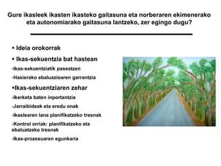 Gure ikasleek ikasten ikasteko gaitasuna eta norberaren ekimenerako
eta autonomiarako gaitasuna lantzeko, zer egingo dugu?
 Ideia orokorrak
 Ikas-sekuentzia bat hastean
-Ikas-sekuentziatik paseatzen
-Hasierako ebaluazioaren garrantzia
Ikas-sekuentziaren zehar
-Ikerketa baten inportantzia
-Jarraibideak eta eredu onak
-Ikaslearen lana planifikatzeko tresnak
-Kontrol orriak: planifikatzeko eta
ebaluatzeko tresnak
-Ikas-prozesuaren egunkaria
 