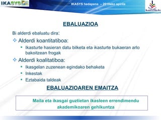 Bi alderdi ebaluatu dira : Alderdi koantitatiboa: Ikasturte hasieran datu bilketa eta ikasturte bukaeran arlo bakoitzean frogak Alderdi koalitatiboa: Ikasgelan zuzenean egindako behaketa Inkestak Eztabaida taldeak EBALUAZIOA Maila eta ikasgai guztietan ikasleen errendimendu akademikoaren gehikuntza EBALUAZIOAREN EMAITZA 