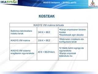 KOSTEAK 2 hiletik behin egingo da eguneraketa Kanpo enpresak bideratuko du  40 € + BEZ/hilero IKASYS VM sistema eragilearen eguneraketa Makinaren instalazio eta konfigurazio lanak 330 € + BEZ IKASYS VM makina  Kanpo enpresaren lanaren kostea Ikastetxeak egin dezake 340 € + BEZ Baldintza teknikoetara iristeko lanak IKASYS VM makina birtuala 