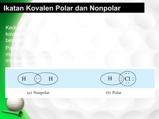 Ikatan Kovalen Polar dan Nonpolar
Kedudukan pasangan elektron milik bersama pada ikatan
kovalen tidak selalu simetris terhadap kedua atom yang
berikatan.
Pasangan elektron akan lebih dekat ke arah atom yang
mempunyai keelektronegatifan lebih besar. Hal ini
mengakibatkan polarisasi atau pengutuban ikatan.

 