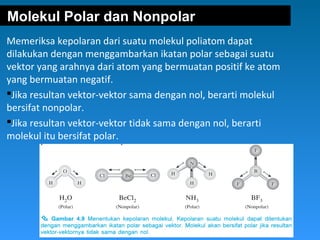 Molekul Polar dan Nonpolar
Memeriksa kepolaran dari suatu molekul poliatom dapat
dilakukan dengan menggambarkan ikatan polar sebagai suatu
vektor yang arahnya dari atom yang bermuatan positif ke atom
yang bermuatan negatif.
Jika resultan vektor-vektor sama dengan nol, berarti molekul
bersifat nonpolar.
Jika resultan vektor-vektor tidak sama dengan nol, berarti
molekul itu bersifat polar.

 