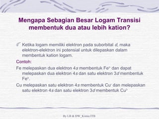 Mengapa Sebagian Besar Logam Transisi 
membentuk dua atau lebih kation? 
Ketika logam memiliki elektron pada suborbital d, maka 
elektron-elektron ini potensial untuk dilepaskan dalam 
membentuk kation logam. 
Contoh: 
Fe melepaskan dua elektron 4s membentuk Fe2+ dan dapat 
melepaskan dua elektron 4s dan satu elektron 3d membentuk 
Fe3+. 
Cu melepaskan satu elektron 4s membentuk Cu+ dan melepaskan 
satu elektron 4s dan satu elektron 3d membentuk Cu2+ 
By LB & DW_Kimia ITB 
 