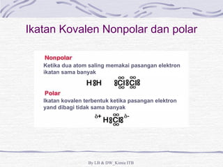 Ikatan Kovalen Nonpolar dan polar 
Ketika dua atom saling memakai pasangan elektron 
ikatan sama banyak 
Ikatan kovalen terbentuk ketika pasangan elektron 
yand dibagi tidak sama banyak 
By LB & DW_Kimia ITB 
 