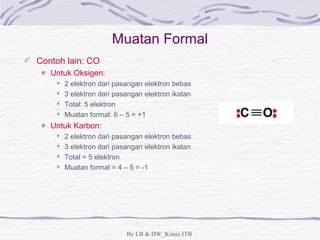 Muatan Formal 
By LB & DW_Kimia ITB 
Contoh lain: CO 
Untuk Oksigen: 
2 elektron dari pasangan elektron bebas 
3 elektron dari pasangan elektron ikatan 
Total: 5 elektron 
Muatan formal: 6 – 5 = +1 
Untuk Karbon: 
2 elektron dari pasangan elektron bebas 
3 elektron dari pasangan elektron ikatan 
Total = 5 elektron 
Muatan formal = 4 – 5 = -1 
 