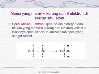 Spesi yang memiliki kurang dari 8 elektron di 
sekitar satu atom 
Spesi Miskin Elektron: spesi selain hidrogen dan 
helium yang memiliki kurang dari elektron valinsi 8. 
Biasanya spesi seperti ini merupakan spesi yang 
sangat reaktif. 
By LB & DW_Kimia ITB 
 