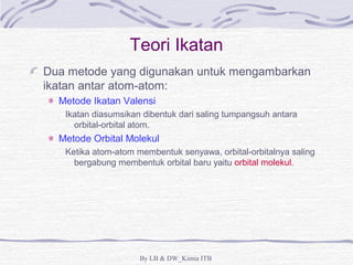 Teori Ikatan 
Dua metode yang digunakan untuk mengambarkan 
ikatan antar atom-atom: 
Metode Ikatan Valensi 
Ikatan diasumsikan dibentuk dari saling tumpangsuh antara 
orbital-orbital atom. 
Metode Orbital Molekul 
Ketika atom-atom membentuk senyawa, orbital-orbitalnya saling 
bergabung membentuk orbital baru yaitu orbital molekul. 
By LB & DW_Kimia ITB 
 