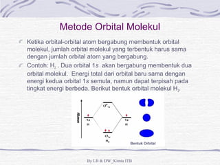 Metode Orbital Molekul 
Ketika orbital-orbital atom bergabung membentuk orbital 
molekul, jumlah orbital molekul yang terbentuk harus sama 
dengan jumlah orbital atom yang bergabung. 
Contoh: H2 . Dua orbital 1s akan bergabung membentuk dua 
orbital molekul. Energi total dari orbital baru sama dengan 
energi kedua orbital 1s semula, namun dapat terpisah pada 
tingkat energi berbeda. Berikut bentuk orbital molekul H2. 
Bentuk Orbital 
By LB & DW_Kimia ITB 
 