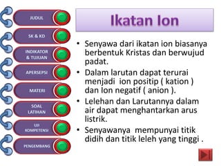 • Senyawa dari ikatan ion biasanya
berbentuk Kristas dan berwujud
padat.
• Dalam larutan dapat terurai
menjadi ion positip ( kation )
dan Ion negatif ( anion ).
• Lelehan dan Larutannya dalam
air dapat menghantarkan arus
listrik.
• Senyawanya mempunyai titik
didih dan titik leleh yang tinggi .
 