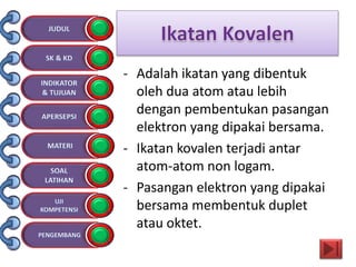 - Adalah ikatan yang dibentuk
oleh dua atom atau lebih
dengan pembentukan pasangan
elektron yang dipakai bersama.
- Ikatan kovalen terjadi antar
atom-atom non logam.
- Pasangan elektron yang dipakai
bersama membentuk duplet
atau oktet.
 