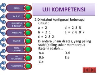 2.Diketahui konfigurasi beberapa
unsur :
a = 2 d = 2 8 5
b = 2 1 e = 2 8 8 7
c = 2 8 2
Di antara unsur di atas, yang paling
stabil(paling sukar membentuk
ikatan) adalah….
A.a D.d
B.b E.e
C.c
 