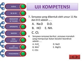 7. Senyawa yang dibentuk oleh unsur 11 Na
dan 8 O adalah … .
A. Na2O D.O2
B. HCl E. NH3
C. Cl2
8. Senyawa-senyawa berikut ,senyawa manakah
yang mempunyai ikatan kovalen koordinat
adalah … .
A. H2O D. NaCl
B. NH4 E. MgCl2
E. CO2
+
 
