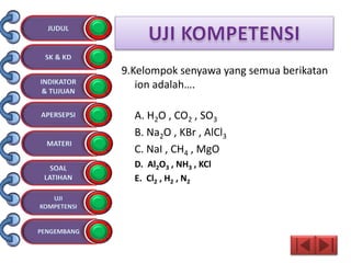 9.Kelompok senyawa yang semua berikatan
ion adalah….
A. H2O , CO2 , SO3
B. Na2O , KBr , AlCl3
C. NaI , CH4 , MgO
D. Al2O3 , NH3 , KCl
E. Cl2 , H2 , N2
 