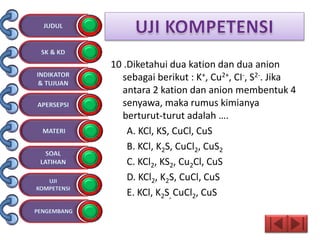 10 .Diketahui dua kation dan dua anion
sebagai berikut : K+, Cu2+, CI-, S2-. Jika
antara 2 kation dan anion membentuk 4
senyawa, maka rumus kimianya
berturut-turut adalah ….
A. KCl, KS, CuCl, CuS
B. KCl, K2S, CuCl2, CuS2
C. KCl2, KS2, Cu2Cl, CuS
D. KCl2, K2S, CuCl, CuS
E. KCl, K2S, CuCl2, CuS
 