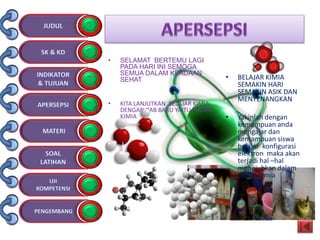 • SELAMAT BERTEMU LAGI
PADA HARI INI SEMOGA
SEMUA DALAM KEADAAN
SEHAT
• KITA LANJUTKAN BELAJAR KIMIA
DENGAN BAB BARU YAITU IKATAN
KIMIA
• BELAJAR KIMIA
SEMAKIN HARI
SEMAKIN ASIK DAN
MENYENANGKAN
• Yakinlah dengan
kemampuan anda
mengajar dan
kemampuan siswa
belajar konfigurasi
elektron maka akan
terjadi hal –hal
menajubkan dalam
Ikatan Kimia
 