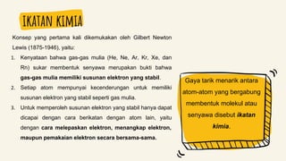 ikatan kimia
Konsep yang pertama kali dikemukakan oleh Gilbert Newton
Lewis (1875-1946), yaitu:
1. Kenyataan bahwa gas-gas mulia (He, Ne, Ar, Kr, Xe, dan
Rn) sukar membentuk senyawa merupakan bukti bahwa
gas-gas mulia memiliki susunan elektron yang stabil.
2. Setiap atom mempunyai kecenderungan untuk memiliki
susunan elektron yang stabil seperti gas mulia.
3. Untuk memperoleh susunan elektron yang stabil hanya dapat
dicapai dengan cara berikatan dengan atom lain, yaitu
dengan cara melepaskan elektron, menangkap elektron,
maupun pemakaian elektron secara bersama-sama.
Gaya tarik menarik antara
atom-atom yang bergabung
membentuk molekul atau
senyawa disebut ikatan
kimia.
 