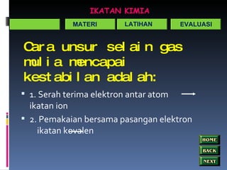 Cara unsur selain gas mulia mencapai kestabilan adalah: 1. Serah terima elektron antar atom  ikatan ion 2. Pemakaian bersama pasangan elektron  ikatan kovalen IKATAN KIMIA KOMPETENSI MATERI LATIHAN EVALUASI 
