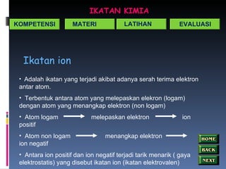 IKATAN KIMIA Ikatan ion Adalah ikatan yang terjadi akibat adanya serah terima elektron antar atom. Terbentuk antara atom yang melepaskan elekron (logam) dengan atom yang menangkap elektron (non logam) Atom logam  melepaskan elektron  ion positif Atom non logam  menangkap elektron  ion negatif Antara ion positif dan ion negatif terjadi tarik menarik ( gaya elektrostatis) yang disebut ikatan ion (ikatan elektrovalen) KOMPETENSI MATERI LATIHAN EVALUASI 