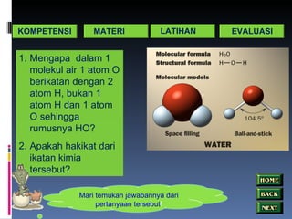Mengapa  dalam 1 molekul air 1 atom O berikatan dengan 2 atom H, bukan 1 atom H dan 1 atom O sehingga rumusnya HO? Apakah hakikat dari ikatan kimia tersebut? KOMPETENSI MATERI LATIHAN EVALUASI Mari temukan jawabannya dari pertanyaan tersebut ! 