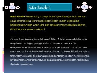 IkatanKovalen 
Ikatan kovalen adalah ikatan yang terjadi karena pemakaian pasangan elektron 
secara bersama oleh 2 atom ya...