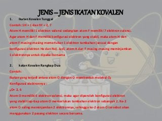 JENIS – JENIS IKATAN KOVALEN 
1. Ikatan Kovalen Tunggal 
Contoh: 1H = 1 dan 9F = 2, 7 
Atom H memiliki 1 elektron valensi ...