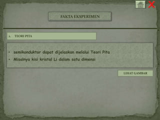 2. TEORI PITA 
• semikonduktor dapat dijelaskan melalui Teori Pita 
• Misalnya kisi kristal Li dalam satu dimensi 
LIHAT GAMBAR 
FAKTA EKSPERIMEN 
 