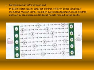 • Menghantarkan listrik dengan baik
Di dalam ikatan logam, terdapat elektron-elektron bebas yang dapat
membawa muatan listrik. Jika diberi suatu beda tegangan, maka elektron-
elektron ini akan bergerak dari kutub negatif menjadi kutub positif.
 