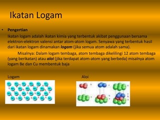 Ikatan Logam
• Pengertian
Ikatan logam adalah ikatan kimia yang terbentuk akibat penggunaan bersama
elektron-elektron valensi antar atom-atom logam. Senyawa yang terbentuk hasil
dari ikatan logam dinamakan logam (jika semua atom adalah sama).
Misalnya: Dalam logam tembaga, atom tembaga dikelilingi 12 atom tembaga
(yang berikatan) atau aloi (jika terdapat atom-atom yang berbeda) misalnya atom
logam Be dan Cu membentuk baja
Logam Aloi
 