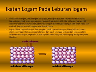 Ikatan Logam Pada Leburan logam
• Pada leburan logam, ikatan logam tetap ada, meskipun susunan strukturnya telah rusak.
Ikatan logam tidak sepernuhnya putus sampai logam mendidih. Hal ini berarti bahwa titik
didih merupakan penunjuk kekuatan ikatan logam dibandingkan dengan titik leleh. Pada saat
meleleh, ikatan menjadi longgar tetapi tidak putus
• Logam dapat dapat ditempa, direntangkan, tidak rapuh dan dapat dibengkokkan, karena
atom-atom logam tersusun secara teratur dan rapat sehingga ketika diberi tekanan atom-
atom tersebut dapat tergelincir di atas lapisan atom yang lain seperti yang ditunjukan pada
Gambar.
 