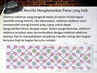 Logam Bersifat Menghantarkan Panas yang baik 
Elektron-elektron yang bergerak bebas di dalam kristal logam 
memiliki energi kinetik. Jika dipanaskan, elektron-elektron akan 
memperoleh energi kinetik yang cukup untuk dapat 
bergerak/bervibrasi dengan cepat. Dalam pergerakannya, elektron-elektron 
tersebut akan bertumbukkan dengan elektron-elektron 
lainnya. Hal ini menyebabkan terjadinya transfer energi dari bagian 
bersuhu tingi ke bagian bersuhu rendah. 
 
