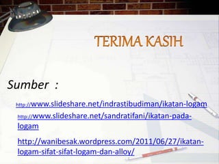 Sumber : 
http://www.slideshare.net/indrastibudiman/ikatan-logam 
http://www.slideshare.net/sandratifani/ikatan-pada-logam 
http://wanibesak.wordpress.com/2011/06/27/ikatan-logam- 
sifat-sifat-logam-dan-alloy/ 
