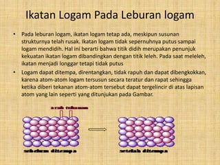 Ikatan Logam Pada Leburan logam 
• Pada leburan logam, ikatan logam tetap ada, meskipun susunan 
strukturnya telah rusak. Ikatan logam tidak sepernuhnya putus sampai 
logam mendidih. Hal ini berarti bahwa titik didih merupakan penunjuk 
kekuatan ikatan logam dibandingkan dengan titik leleh. Pada saat meleleh, 
ikatan menjadi longgar tetapi tidak putus 
• Logam dapat ditempa, direntangkan, tidak rapuh dan dapat dibengkokkan, 
karena atom-atom logam tersusun secara teratur dan rapat sehingga 
ketika diberi tekanan atom-atom tersebut dapat tergelincir di atas lapisan 
atom yang lain seperti yang ditunjukan pada Gambar. 
 