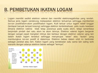 B. PEMBETUKAN IKATAN LOGAM
 Logam memiliki sedikit elektron valensi dan memiliki elektronegativitas yang rendah.
Semua jenis logam cenderung melepaskan elektron terluarnya sehingga membentuk
ion-ion positif/atom-atom positif/kation logam. Kulit terluar unsur logam relatif longgar
(terdapat banyak tempat kosong) sehingga elektron terdelokalisasi, yaitu suatu keadaan
dimana elektron valensi tidak tetap posisinya pada suatu atom, tetapi senantiasa
berpindah pindah dari satu atom ke atom lainnya. Elektron valensi logam bergerak
dengan sangat cepat mengitari intinya dan berbaur dengan elektron valensi yang lain
dalam ikatan logam tersebut sehingga menyerupai “awan” atau “lautan” yang
membungkus ion-ion positif di dalamnya. Elektron bebas dalam orbit ini bertindak
sebagai perekat atau lem. Kation logam yang berdekatan satu sama lain saling tarik
menarik dengan adanya elektron bebas sebagai ”lemnya”.
 