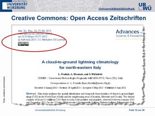 Universitätsbibliothek Würzburg Folie 12 von 38
Creative Commons: Open Access Zeitschriften
Foto:creativecommoners
 