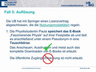 Universitätsbibliothek Würzburg Folie 33 von 38
Fall 5: Auflösung
Die UB hat mit Springer einen Lizenzvertrag
abgeschlossen, die die Nutzungsmodalitäten regeln.
1. Die Physikstudentin Paula speichert das E-Book
„Faszinierende Physik“ auf ihrer Festplatte ab und lädt
es anschließend unter einem Pseudonym in eine
Tauschbörse.
Das Anschauen, Ausdrucken und meist auch das
komplette Downloaden von E-Books ist erlaubt.
Die öffentliche Zugänglichmachung ist nicht erlaubt.

 