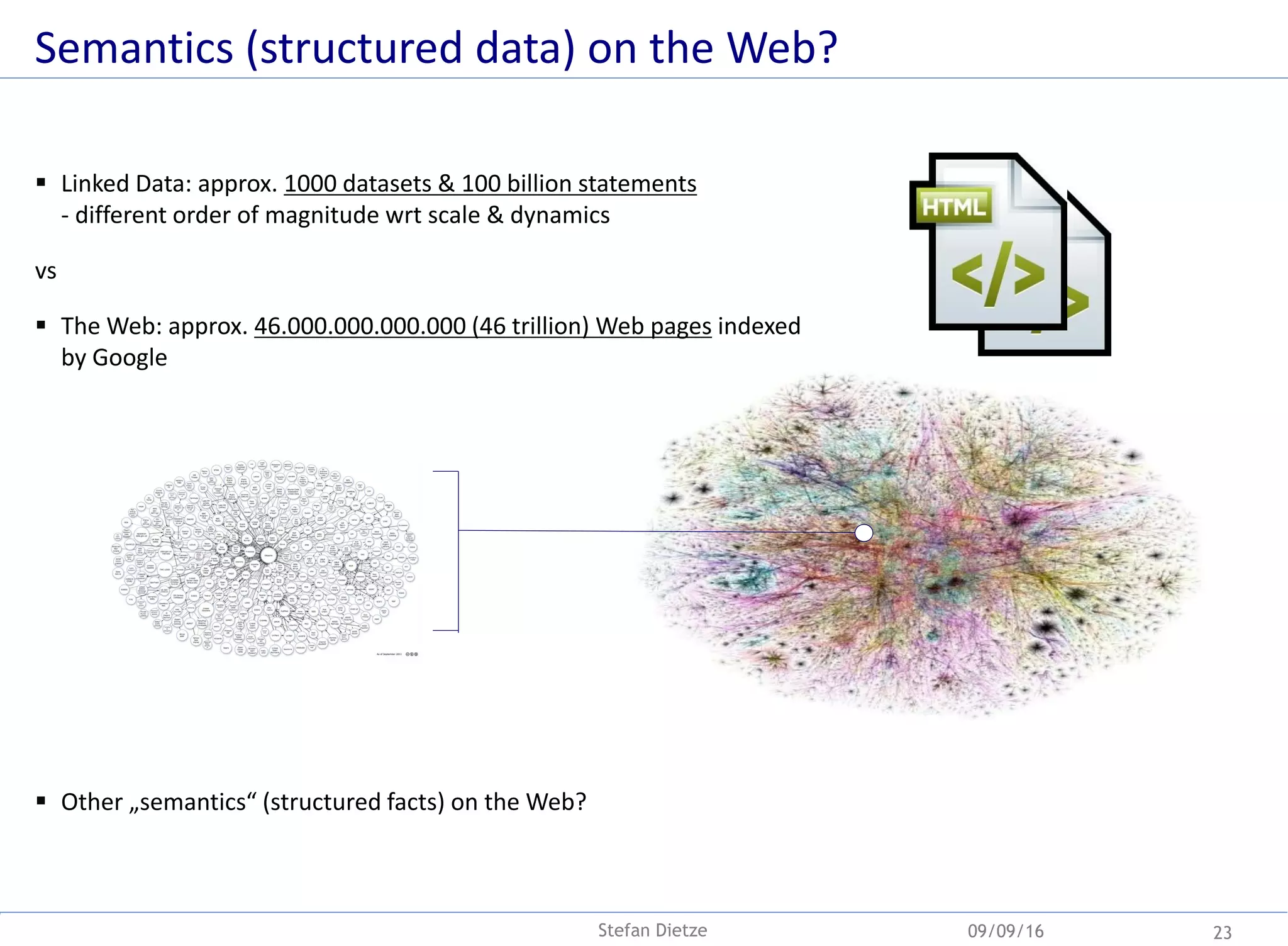  Linked Data: approx. 1000 datasets & 100 billion statements
- different order of magnitude wrt scale & dynamics
vs
 The Web: approx. 46.000.000.000.000 (46 trillion) Web pages indexed
by Google
 Other „semantics“ (structured facts) on the Web?
Semantics (structured data) on the Web?
09/09/16 23Stefan Dietze
 