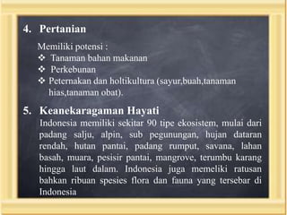4. Pertanian
Memiliki potensi :
 Tanaman bahan makanan
 Perkebunan
 Peternakan dan holtikultura (sayur,buah,tanaman
hias,tanaman obat).

5. Keanekaragaman Hayati
Indonesia memiliki sekitar 90 tipe ekosistem, mulai dari
padang salju, alpin, sub pegunungan, hujan dataran
rendah, hutan pantai, padang rumput, savana, lahan
basah, muara, pesisir pantai, mangrove, terumbu karang
hingga laut dalam. Indonesia juga memeliki ratusan
bahkan ribuan spesies flora dan fauna yang tersebar di
Indonesia

 